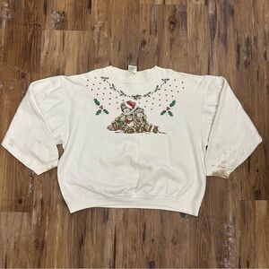 VTG 80s 90s White Teddy Bear Festive Crewneck Christmas Sweater
